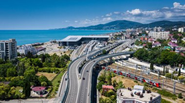 Yukarıdan hava görüntüsü. Sochi tren istasyonu, Adler. RZD. Yüksek kalite fotoğraf
