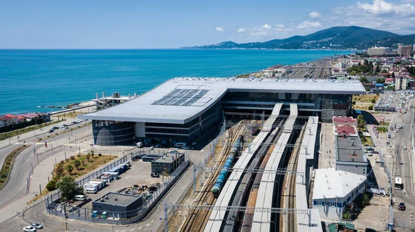 Yukarıdan hava görüntüsü. Sochi tren istasyonu, Adler. RZD. Yüksek kalite fotoğraf