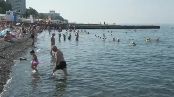 Sotchi, Russie - 20 JUILLET 2020 : Un groupe de personnes de Sotchi sur la plage. Les touristes se baignent et s'amusent au complexe de luxe. Concept de loisirs et de divertissement. — Video