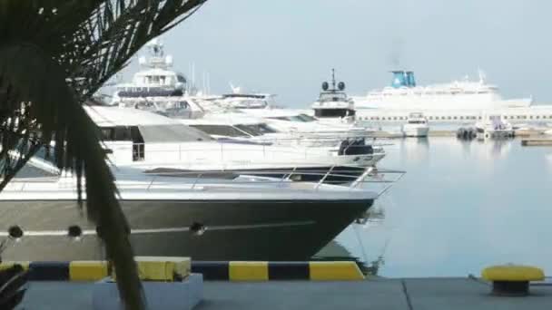 Sochi, Ρωσία - 20 Ιουλίου 2020: Τα πολυτελή γιοτ αγκυροβολούν στο λιμάνι. Θαλάσσιος Χώρος στάθμευσης σύγχρονων μηχανοκίνητων σκαφών. Ήρεμες και μοντέρνες διακοπές. — Αρχείο Βίντεο