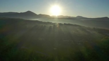 Bulutlarda uçuyor. Harika bir sabah doğumu doğal manzara. Sisli ormanda gün doğumu. Sabahları ormanın üzerinde uçmanın muhteşem manzarası. Ufuk çizgisine kadar büyülü bir sis var. Hava görüntüsü