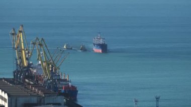 Novorossiysk, Rusya - 01 AUG 2020: Novorossiysk şehri panoraması. Liman. Tanker. Kargo iskelesi. Deniz kenarındaki yüksek modern evler. Güneşli bir gün. 