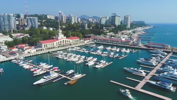 Hermoso Vuelo Aéreo Verano Sobre Ciudad Sochi Puerto Marítimo Yates — Vídeos de Stock