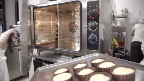 Chef tomar bandeja para hornear con cupcakes en el horno. Pastel crudo en bandeja para hornear — Vídeo de stock