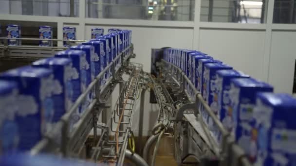 ミルクのテトラの包装が付いているコンベヤー。乳製品のボトリング工場。乳製品はコンベア上を移動しています — ストック動画