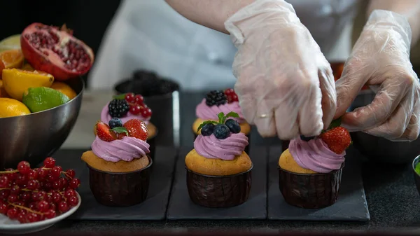 Decorating cup cake with blueberry and mint. Butter cream on tasty muffins. Modern desserts and cakes. Cupcakes with cream filling. Professional pastry. Royalty Free Stock Images