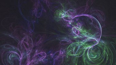 Renkli yansımalı koyu bir arka plan. Karanlıkta neon ışığı, neon figürler, duman. Soyut koyu arkaplan. Soyut spot ışığı