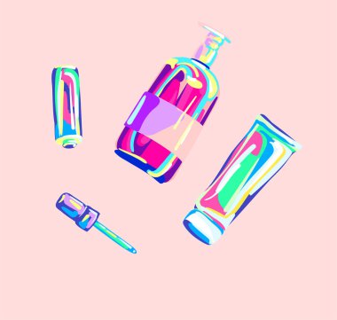  Tema kozmetik, cilt bakımı ve güzellik rutini için taşıyıcı pankart ya da poster. Parlak bir popart tarzında, şişe ve kavanozların görüntüsü..