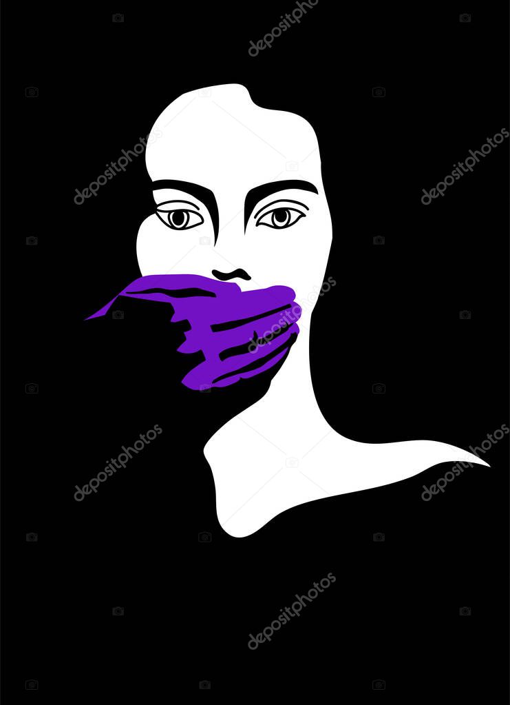 Illustration on the topic of domestic violence in a minimalistic style. Woman with a male's hand on her mouth. Can be used as a poster. Violet black and white colour.