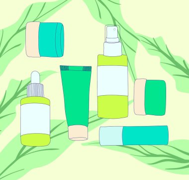 Pankart ya da kozmetik ürünler için reklam ya da cilt bakımı rutini. Arka planda yaprak olan şişe ve kozmetik ürünleri seti. Taze yeşil ve nane renginde. El çiziminin canlandırılması.
