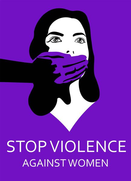 Иллюстрация на тему домашнего насилия в отношении женщин в минималистическом стиле. Женщина с рукой самца на губах. Может использоваться в качестве плаката. Фиолетовый чёрно-белый цвет.