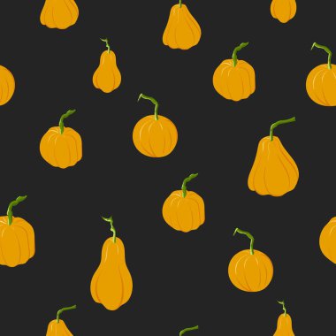 Değişik şekil ve tiplerdeki siyah arkaplan turuncu balkabaklarında düzenlenebilir olmayan vektör dokusu. Sonbahar ya da Cadılar Bayramı teması için uygun.