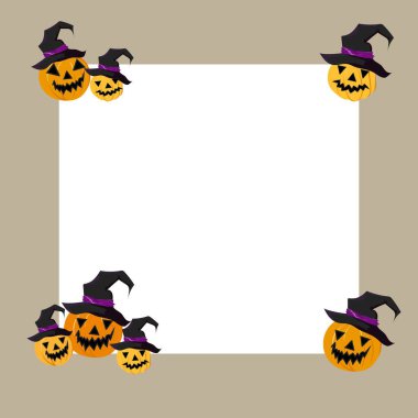 Kirli gri arkaplan üzerinde vektör düzenlenebilir şablon. Büyücü şapkası takmış gönüllü Jack Lantern kabağı. Cadılar Bayramı temalı dekorasyon için uygun