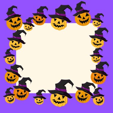 Parlak mor arkaplandaki vektör düzenlenebilir şablon. Büyücü şapkalı şirin Jack Lantern balkabağı bir dikdörtgenin çevresinde yer alır. Cadılar Bayramı dekorasyonu için uygun.