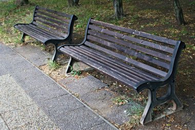 Kaldırım bir park, iki Ahşap banklar