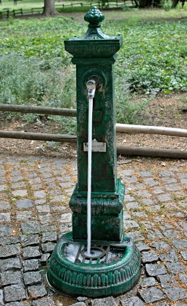 Metal water pump with flowing drinking water in the park