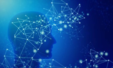 Dijital AI ağ teknolojisi resimde arka plan ile 3D beyin insan kafası