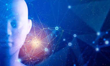 insan mavi soyut fütüristik AI UI dijital teknoloji ışık Internet ağ arka plan 3d çizim hologramı AI ve baş beyin