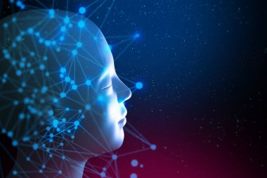 parçacık yıldız tozu dijital veri AI küresel ağ teknolojisi hologram ışık ve insan bilim-kurgu futuristik konsepti, kızdırma mavi ve kırmızı renk ile el ile ile ile insan baş beyin bilim atom molekülü, sistem bağlantı net dokunmatik dünya çapında