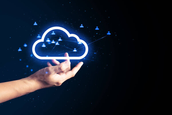 ручной синий лазерный неоновый светящийся глаз в цифровых технологиях роботизированных и сетевых киберсоединений в человеке встретить иконку ai облако
