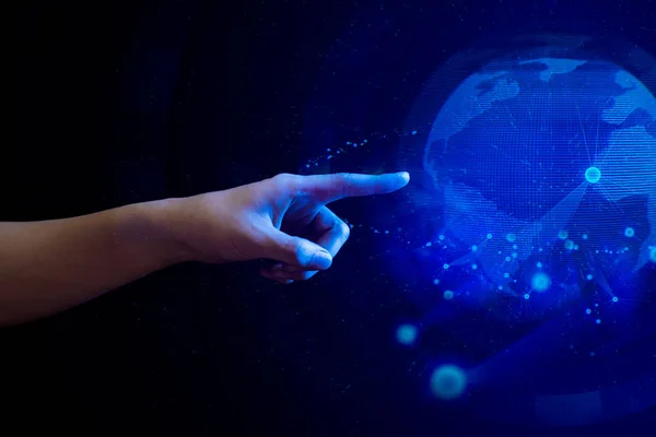 hand human touch on hologram technology world of ai, system of social network circle data information, finger push on global futuristic brain of robotic