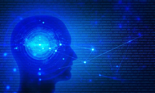 Dijital AI ağ teknolojisi resimde arka plan 3d beyin robot insan kafası, 01 kod bilgisayar korsanı