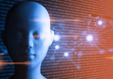 Biyonik elektrik yüz arka plan 3d çizim, dijital teknoloji ışık internet ağı, robot fütüristik AI