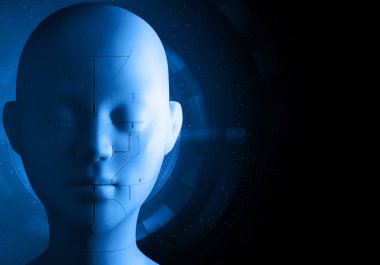 Cyberpunk arka plan 3d çizim dijital teknoloji internet ağı, robot fütüristik AI, biyonik yüz ön ışık