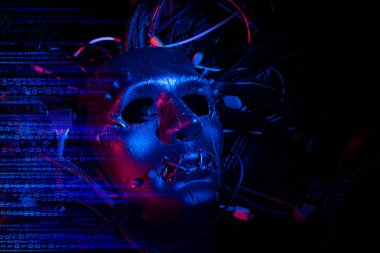 bilimkurgu teknolojisi yapay zeka ağ kavramı meşgul elektronik tel ile ai robotik maske yüz, virüs tarafından güvenlik internet saldırı şeytan hacker