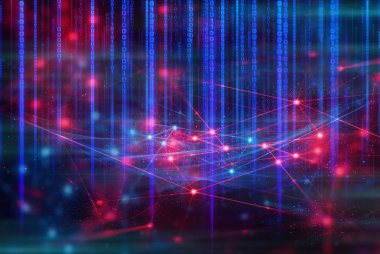 şeylerin sosyal internet, ai robotik, veri sinyali, teknoloji soyut fütüristik siber net web ağ arka plan illüstrasyon 3d render, bilim atom molekülü bağlanmak