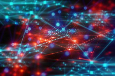 ai teknolojisi, veri derin öğrenme robotiği, kimyasal molekül, atom hücresi bilimi, fütüristik siber ağ sistemi sunucusu mavi arkaplan çizimi 3D