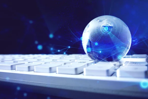 ai digital data hologram network glass globe world earth on the white keyboard