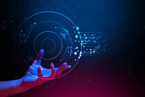 AI küresel ağ teknolojisi, hologram ışık ve mavi ve kırmızı renk ile insan eli ile parlayan parçacık dijital veri ile bilim-kurgu futuristik konsepti