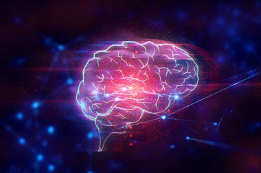 Beyin fütüristik bulut depolama derin öğrenme veri ai teknolojisi, robotik, kimyasal molekül, atom hücresi bilimi, hacker çevrimiçi siber ağ, arka plan çizim sistemi 3d