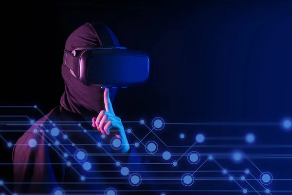 hacker bad guy with virtual reality glass and digital security internet network concept