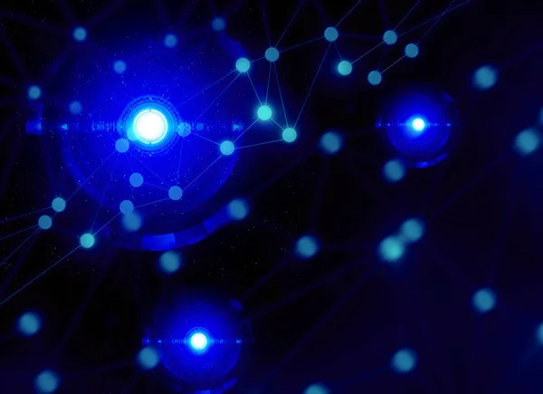 blue neon glow laser light with robotic ai network data social web futuristic background illustration on black