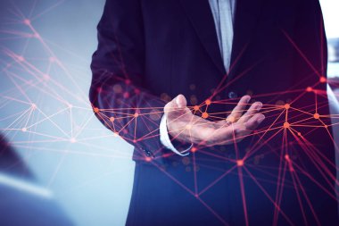 iş adamı ve küresel ağ bulut depolama hologram ile el