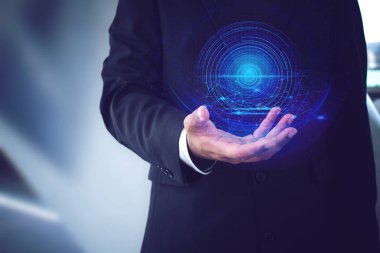 iş adamı ve el küresel sosyal ağ teknolojisi dünya küresel hologram grafik 