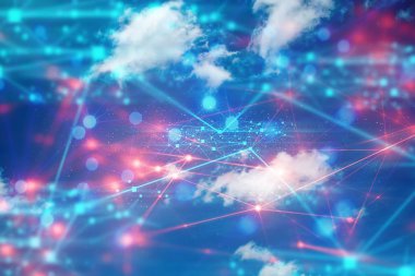 AI robotik veri küresel sinyali, teknoloji soyut futuristik Cyber net Web ağ arka plan illüstrasyon 3D render bağlanmak, şeylerin sosyal internet, bulut depolama gökyüzü