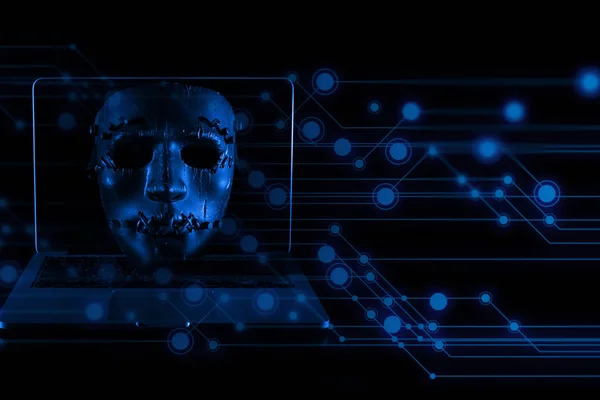 devil mask with computer notebook in hacker security network concept and hologram display red blue