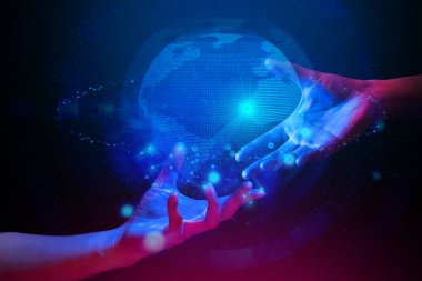 Dijital veri AI küresel ağ teknolojisi hologram parçacık ışık ve insan scifi fütüristik kavramı kızdırma mavi ve kırmızı renk ile iki el ile