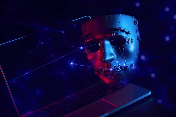 Topeng Hacker Setan Menghadapi Hantu Dengan Laptop Dalam Jaringan Keamanan — Stok Foto