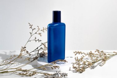 Beyaz arka plan ve güneş ışığı ve gölge sabah kurutulmuş çiçek Flora moda mavi parfüm lüks