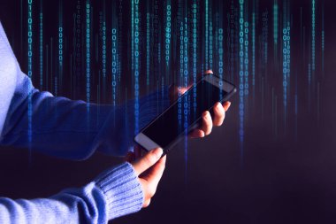 kız el parmak dokunmatik akıllı telefon, sosyal ağ, Ai veri derin öğrenme, mobil uygulama, telekomünikasyon, iş ve finans para, HUD hologram