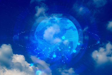küresel ağ hologram AI teknolojisi ile bulut depolama gökyüzü arka plan