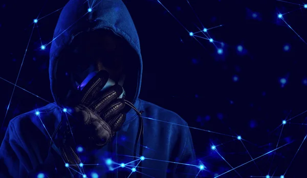 Hacker Hood Outfit Mask Glove Dark Background Security Virus Network — Stock Photo, Image