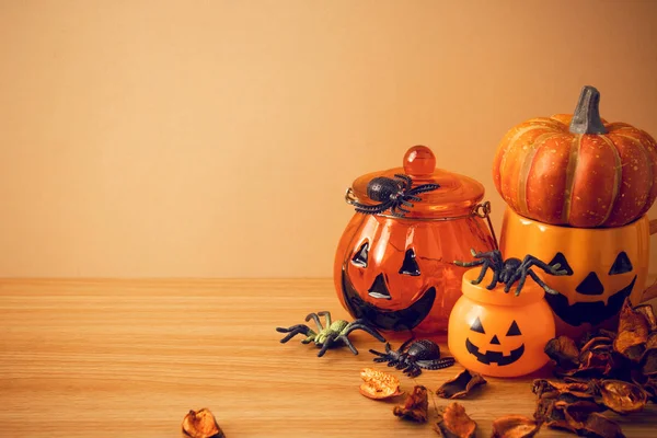 Fête Halloween Citrouille Avec Accessoire Fixé Sur Fond Vintage Bois — Photo