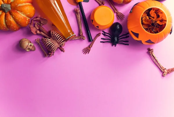 Halloween Party Góry Widok Wakacje Zestaw Prop Purpurowe Różowe Tło — Zdjęcie stockowe