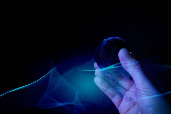 Hand Blauw Wereldwijd Glas Met Digitale Internet Abstracte Netwerktechnologie Achtergrond — Stockfoto