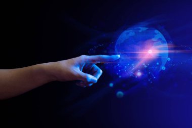 Sistem hologram Ai hücre beyin el dokunma, sosyal ağ veri sistemi, robotik küresel fütüristik üzerinde parmak push, derin öğrenme sunucusu